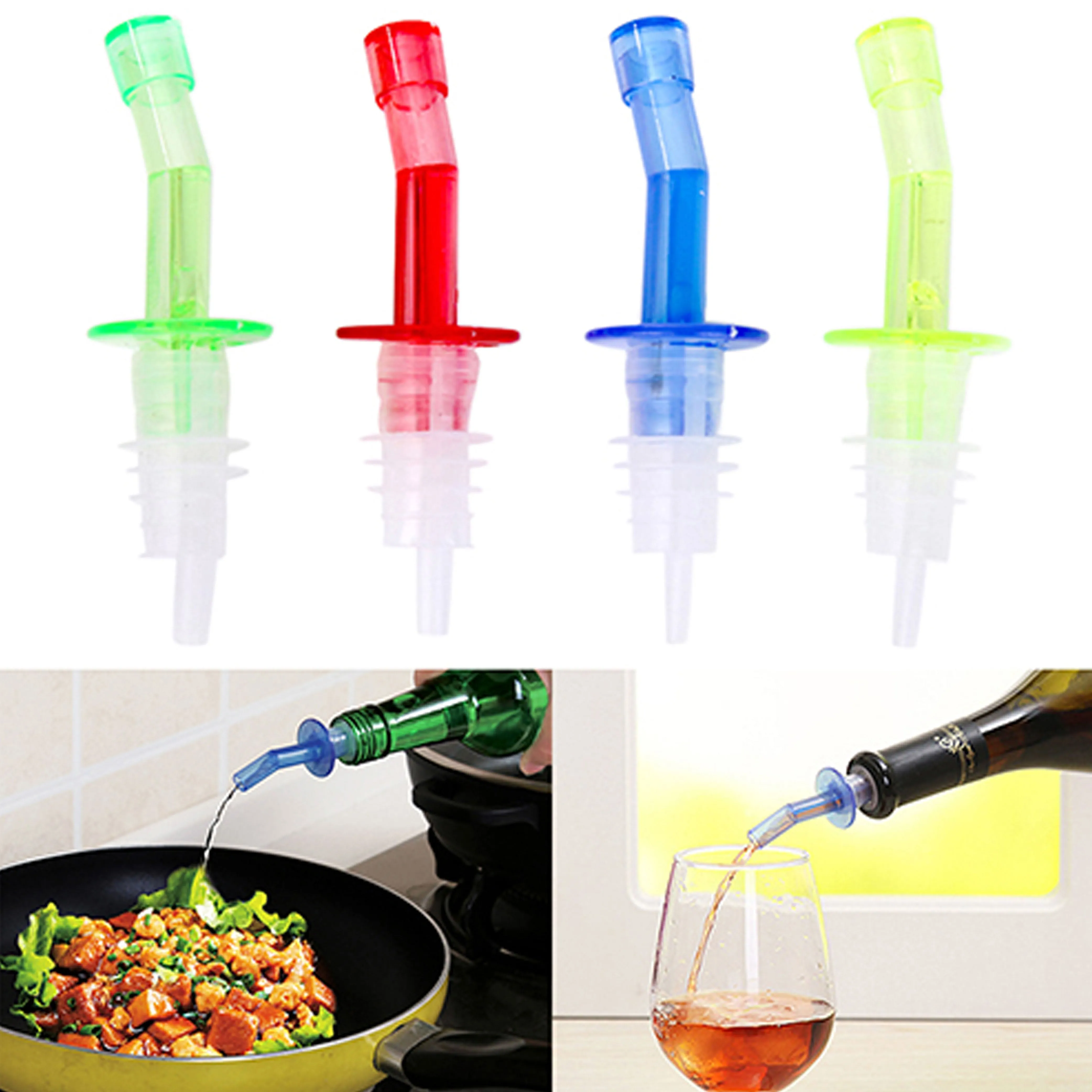 4 Pc Liquor Spirit Pourer Free Flow Oil Wine Bottle Pour Spout Stopper Plastic