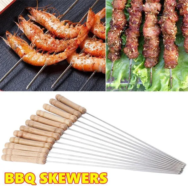 Barbecue Skewers for BBQ Tandoor and Gril with Wooden Handle - Pack of 12