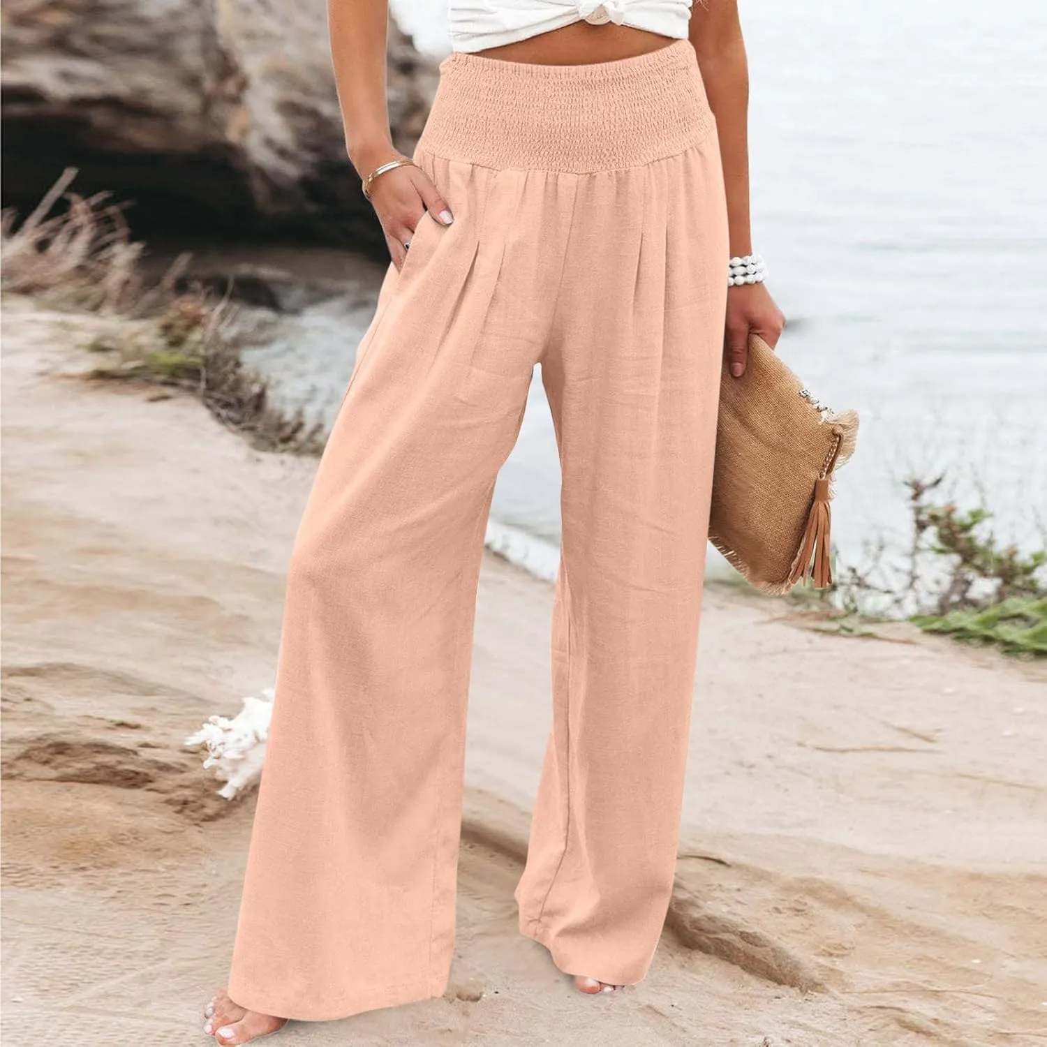 Ceboyel Women's Flowy Summer Pants Wide Leg Palazzo Pant High Waisted Trousers Loose Fitting Trendy Casual Vacation Outfits