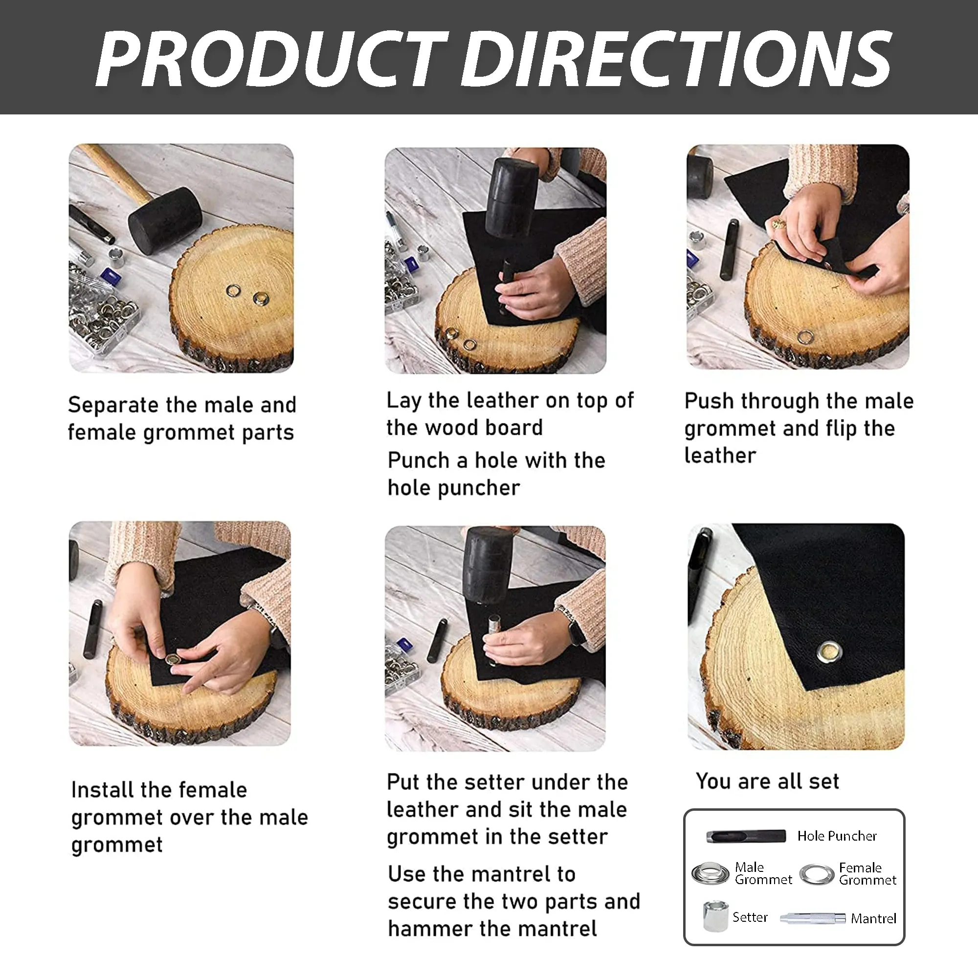 Grommet Eyelet Kit with Setting Tools for Leather, Fabric, Boots, Tarp Repair, Sewing