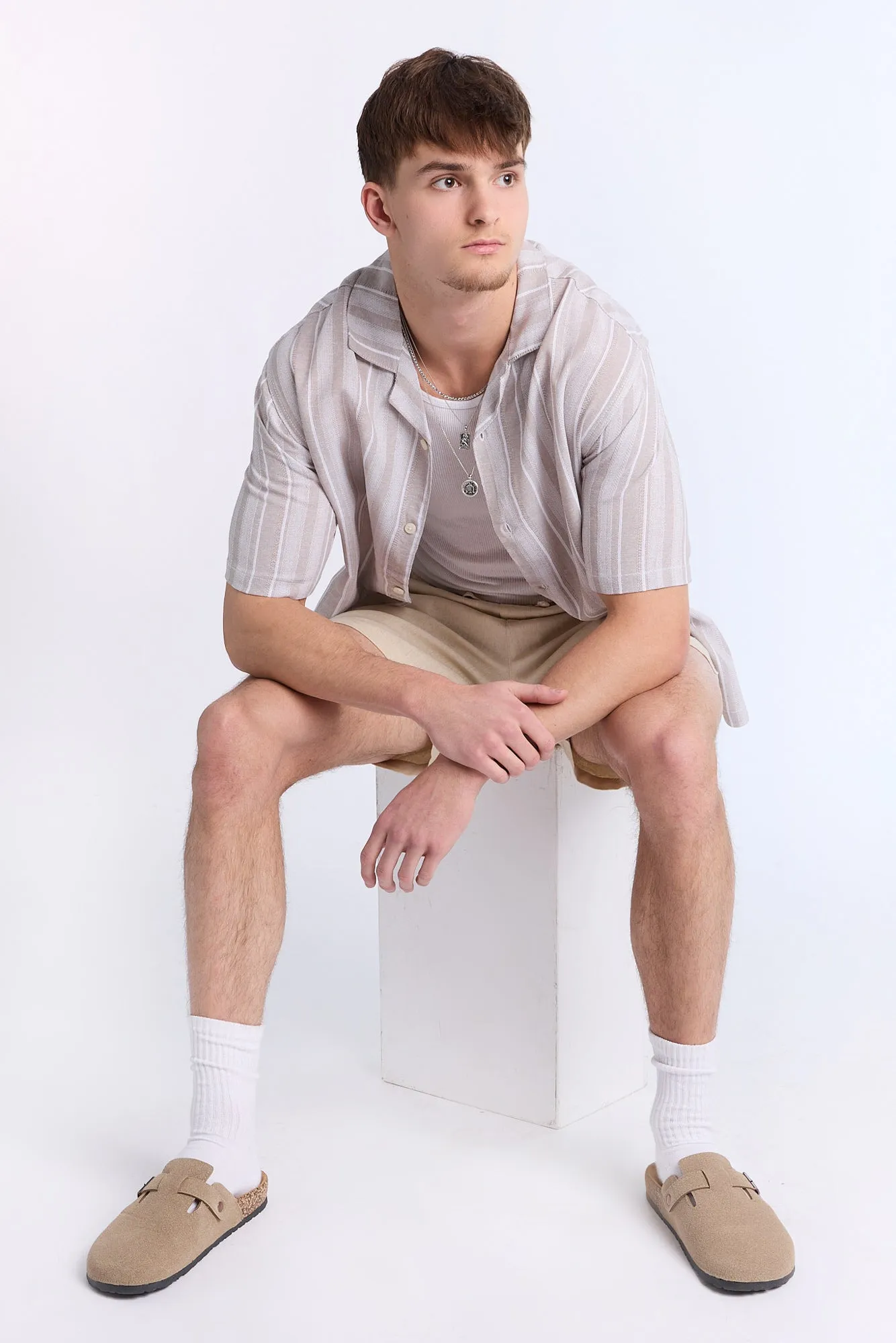 Linen-Blend Textured Striped Knit Short Sleeve Shirt