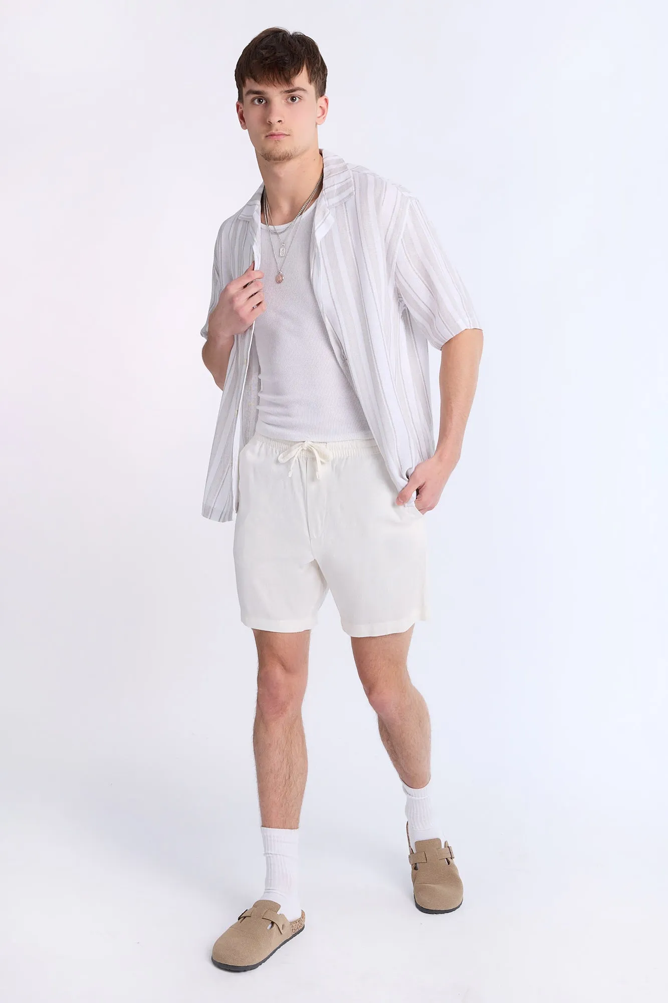 Linen-Blend Textured Striped Knit Short Sleeve Shirt