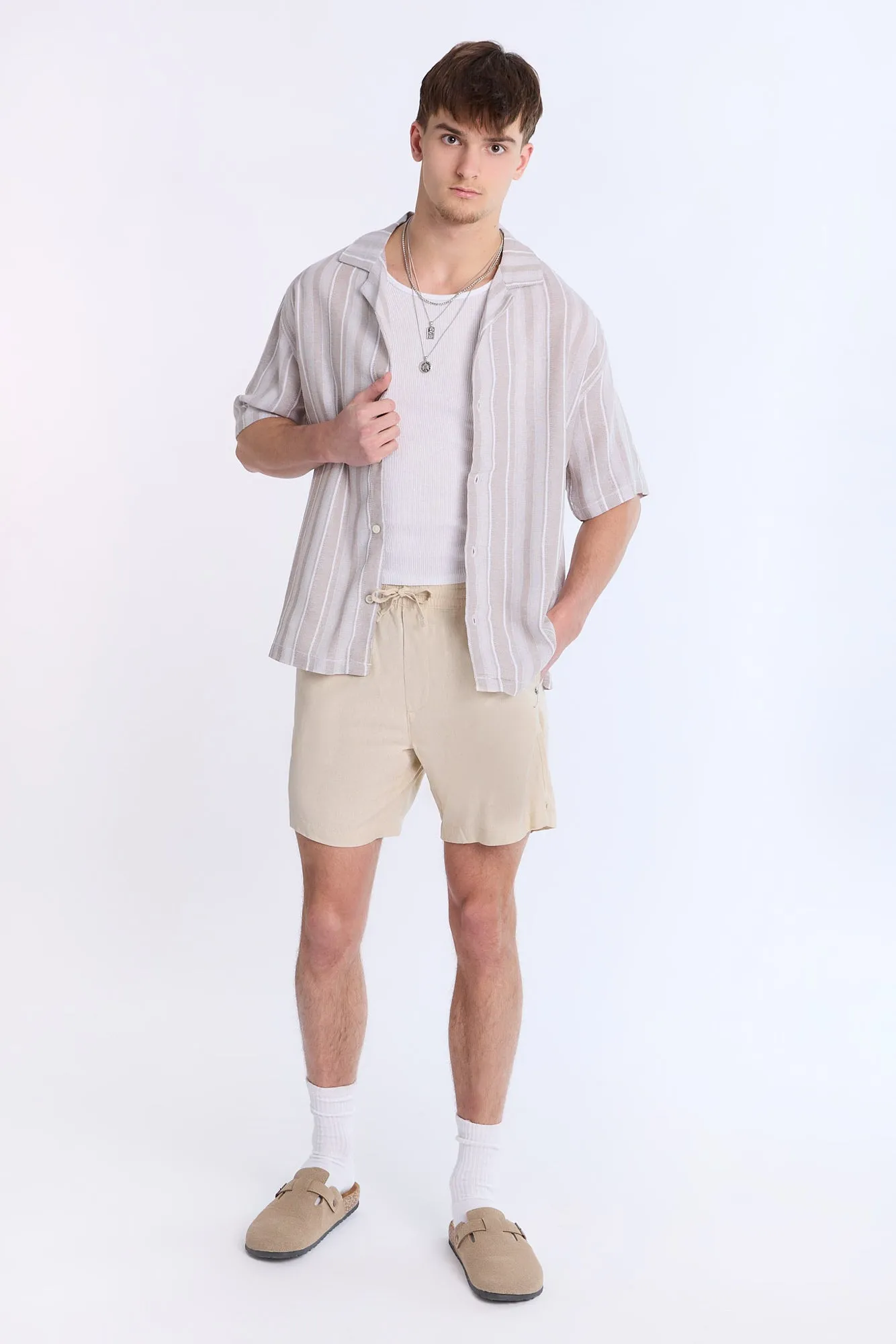 Linen-Blend Textured Striped Knit Short Sleeve Shirt