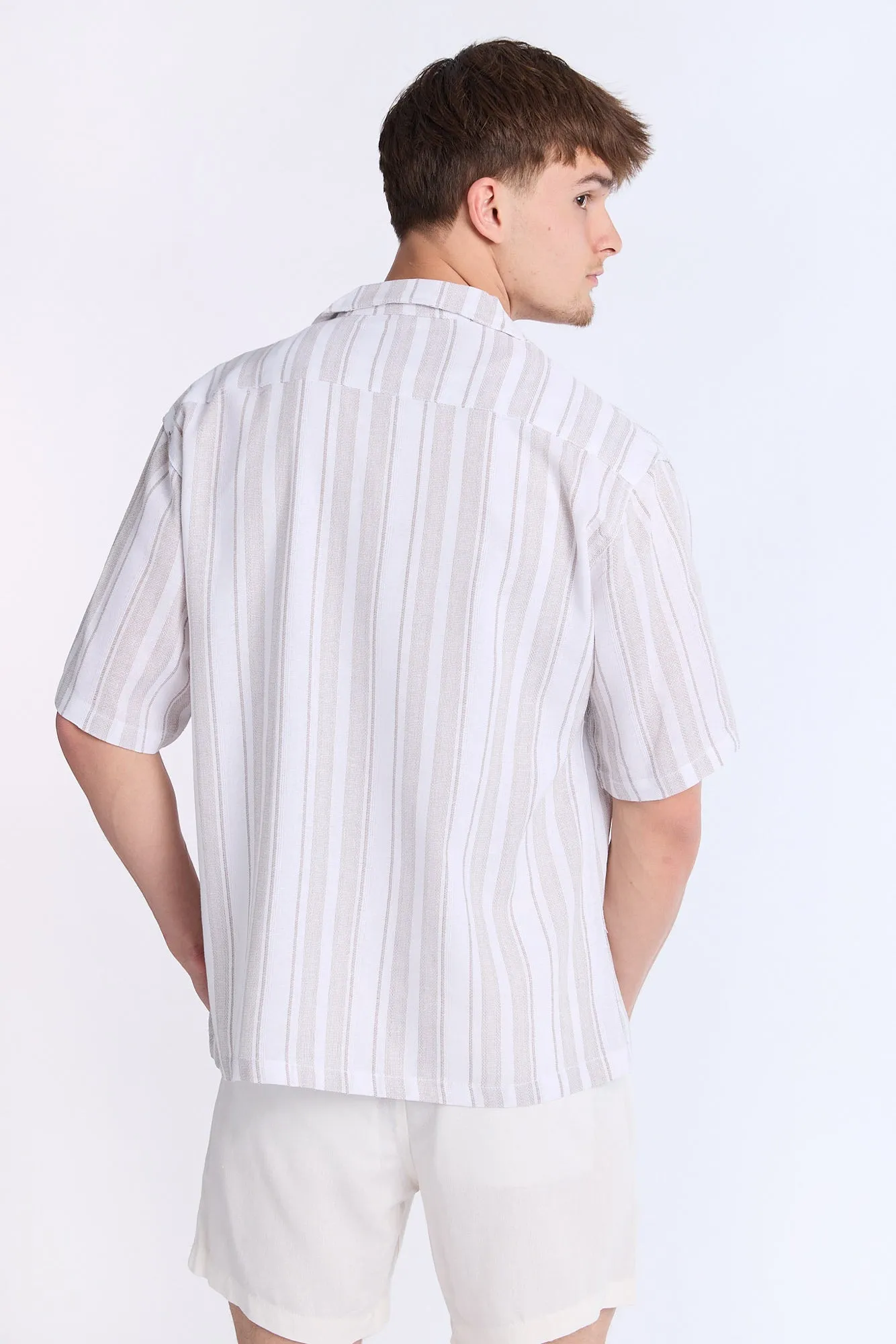 Linen-Blend Textured Striped Knit Short Sleeve Shirt