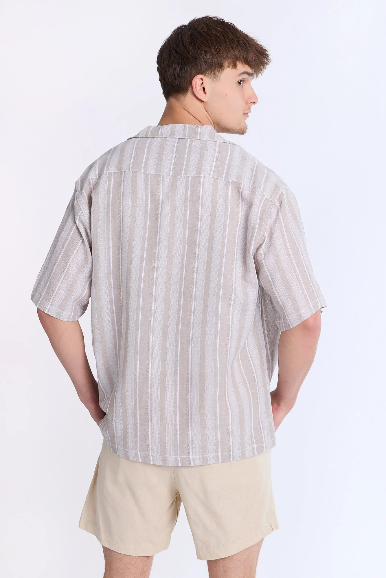 Linen-Blend Textured Striped Knit Short Sleeve Shirt