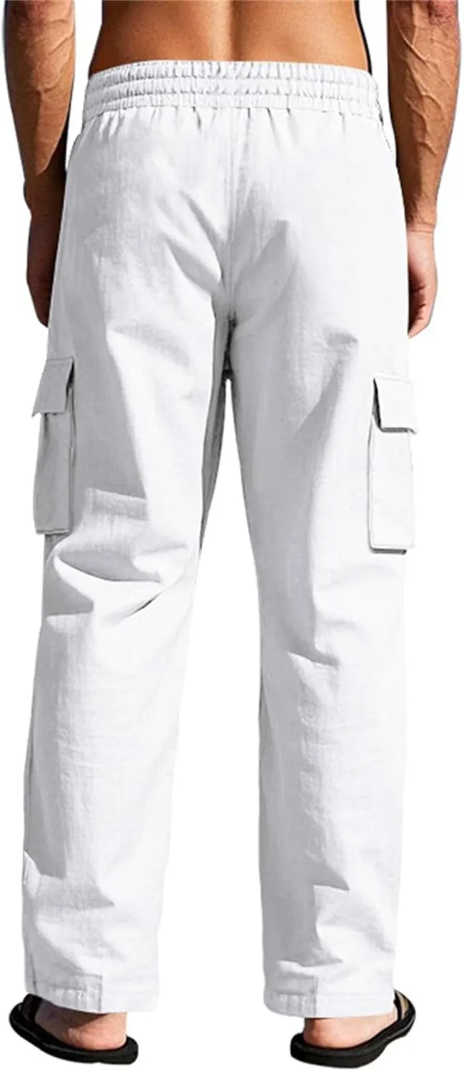 Men's Linen Four Seasons Thin Breathable Cargo Multi-Pocket Loose Casual Wide Leg Pants 2025