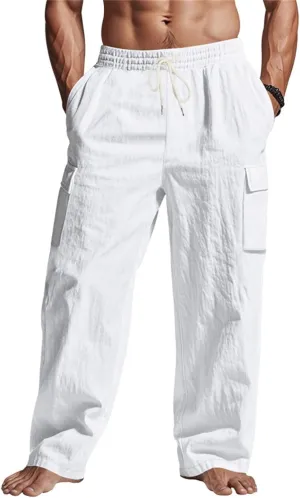 Men's Linen Four Seasons Thin Breathable Cargo Multi-Pocket Loose Casual Wide Leg Pants 2025