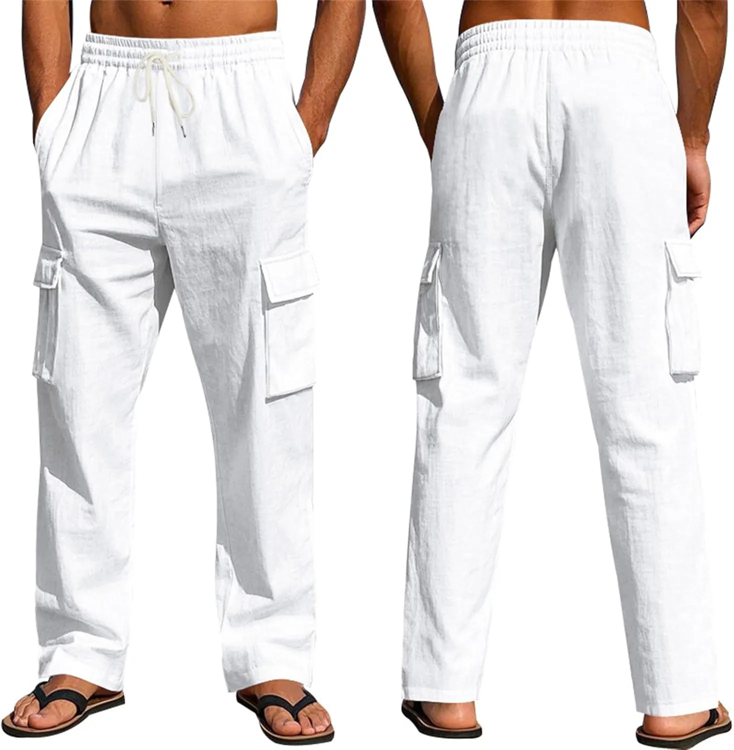 Men's Linen Four Seasons Thin Breathable Cargo Multi-Pocket Loose Casual Wide Leg Pants 2025