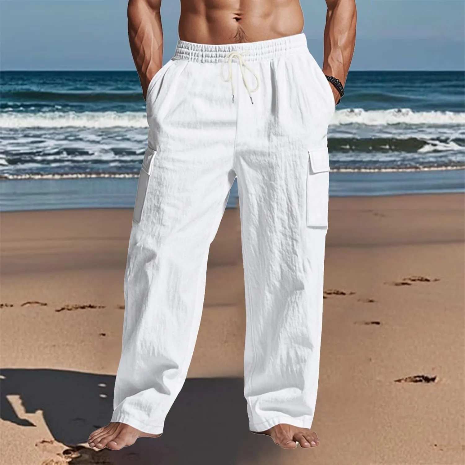 Men's Linen Four Seasons Thin Breathable Cargo Multi-Pocket Loose Casual Wide Leg Pants 2025