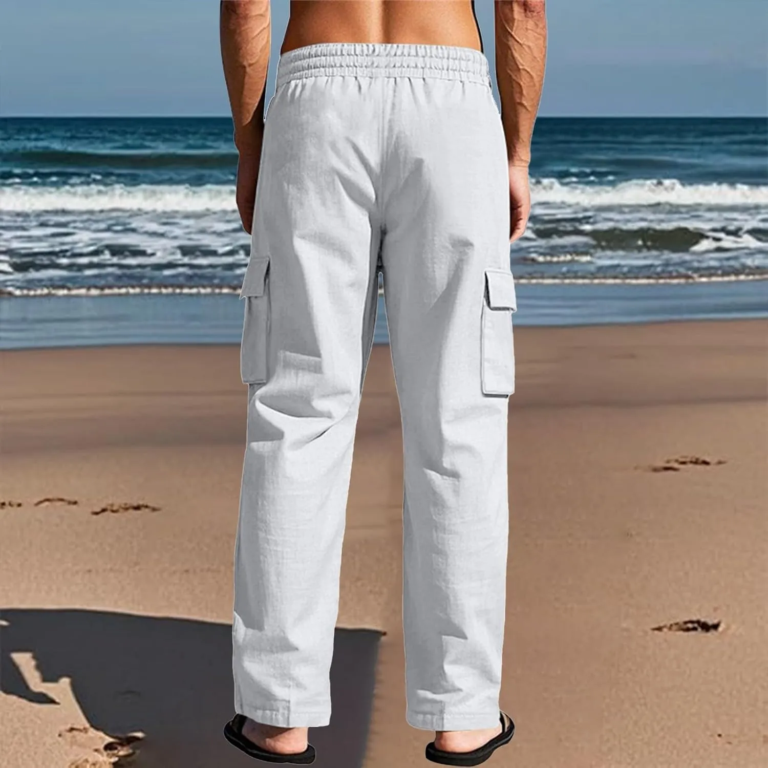 Men's Linen Four Seasons Thin Breathable Cargo Multi-Pocket Loose Casual Wide Leg Pants 2025