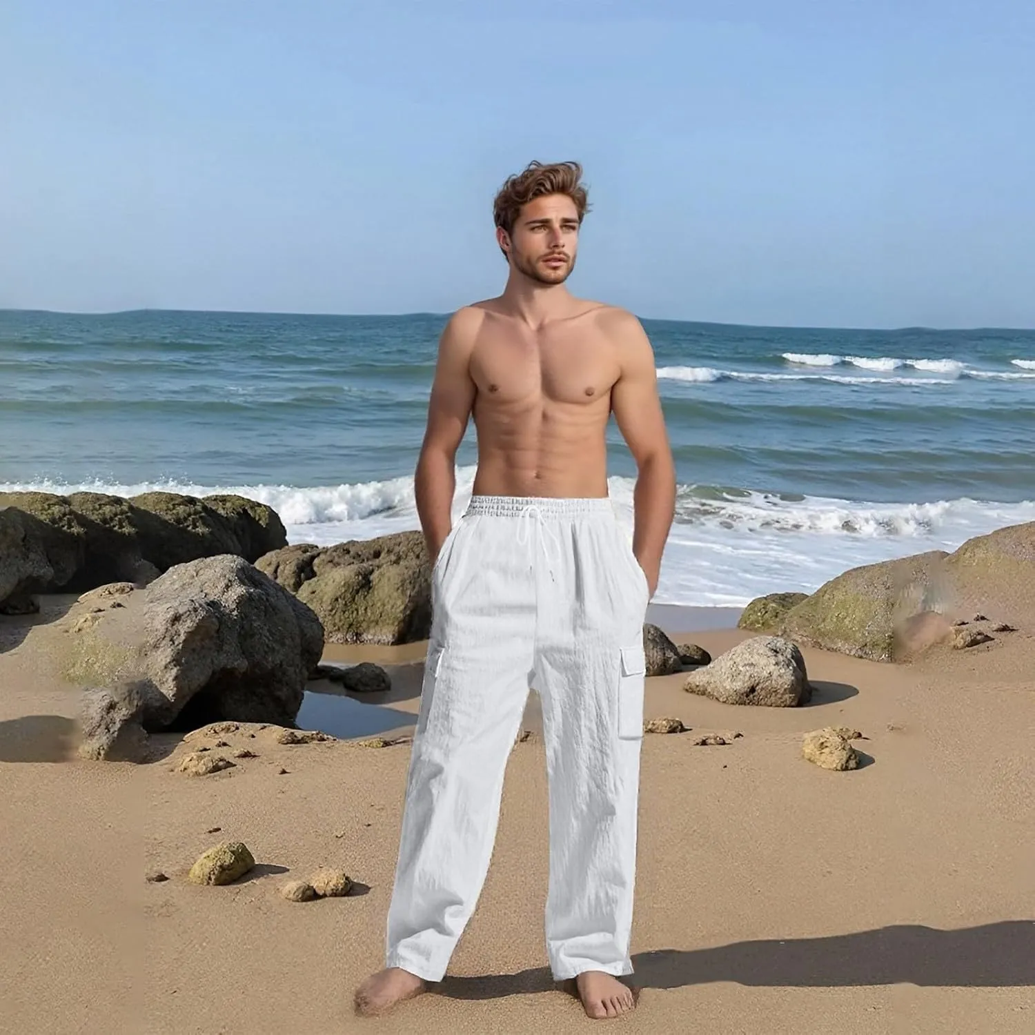 Men's Linen Four Seasons Thin Breathable Cargo Multi-Pocket Loose Casual Wide Leg Pants 2025