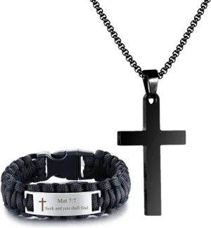 Religious Braided Paracord Bracelet Bible Verse Bracelet Motivational Quotes Message Scripture Faith Christian Wristband Religious Jewelry Cross pendant and necklace