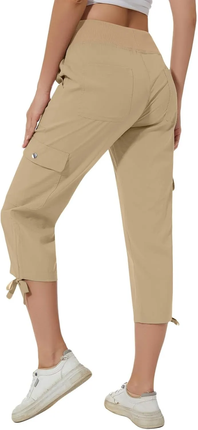 Women Straight Leg Cargo Capri Pant Summer Lace-Up Ruched Side Hiking Pants Elastic High Waist Casual Crop Travel Trousers